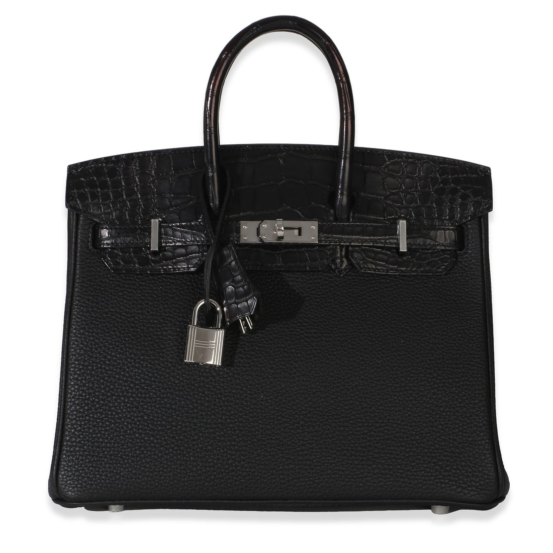 Hermes Birkin 25 Black Exotic Top Handle Bag Silver Tone: Hermes Birkin 25 Black Exotic Top Handle Bag Silver Tone This Hermes Togo Mississippiensis Matte Alligator Touch Birkin 25 features a luxurious combination of black and blue exotic materials with silv