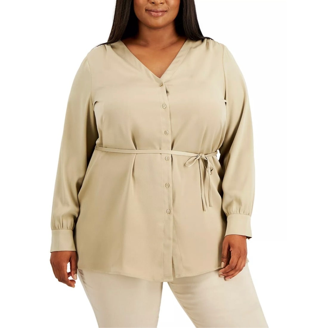 Branded Plus Size V-Neck Tie-Waist Blouse Fresh Almond 2X: Branded Plus Size V-Neck Tie-Waist Blouse Fresh Almond 2X Elevate your wardrobe with this stylish Plus Size Button-Front Tie-Waist Top in Fresh Almond. Designed by Branded, this chic blouse features a