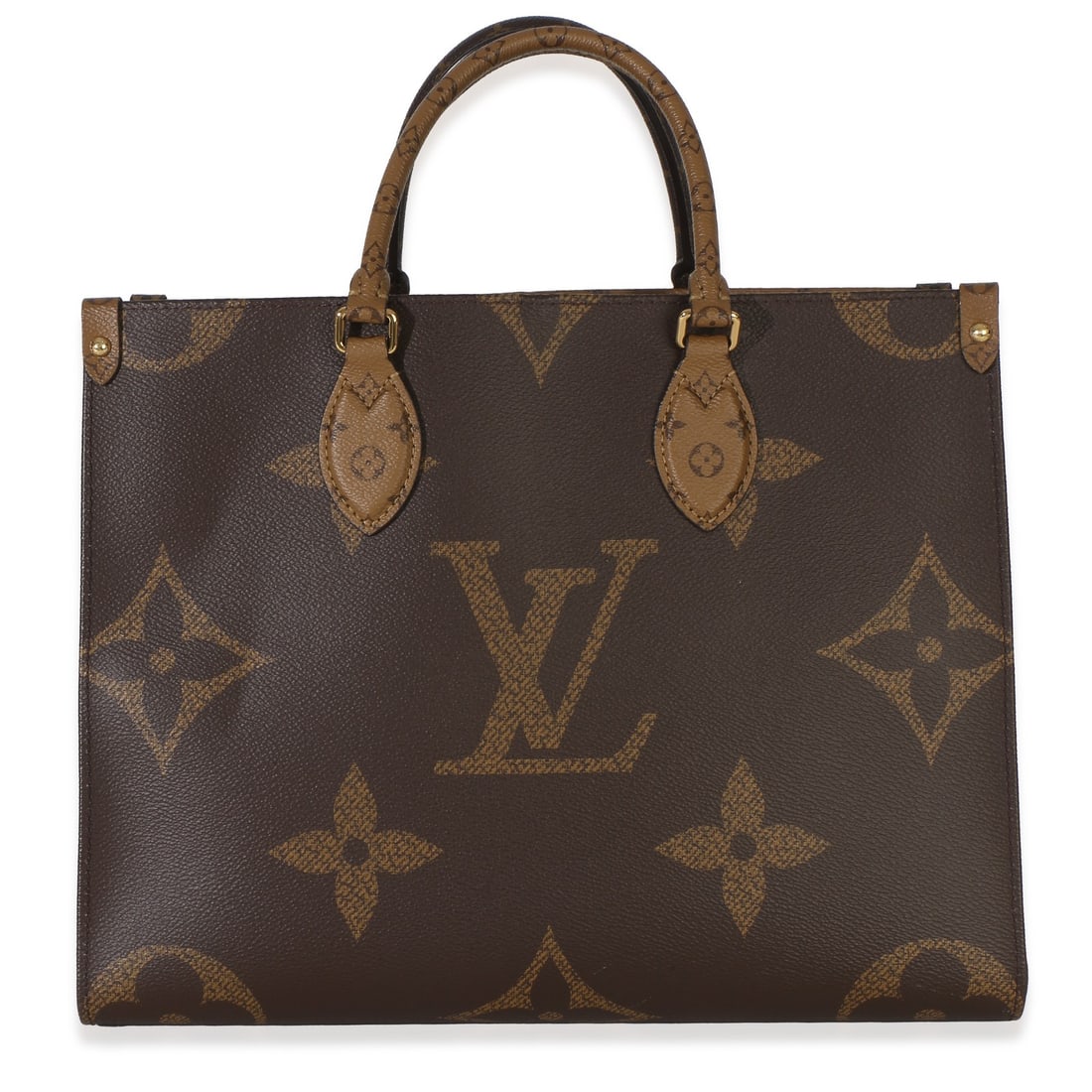Louis Vuitton Onthego MM reverse monogram canvas tote: Louis Vuitton Onthego MM reverse monogram canvas tote This Louis Vuitton Onthego MM tote features the iconic reverse monogram canvas in brown, complemented by gold-tone hardware and a red fabric linin