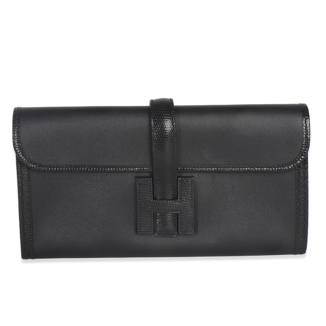 Jige Elan Touch 29 Black Leather Clutch by Hermes with Original Accessories: Jige Elan Touch 29 Black Leather Clutch by Hermes with Original Accessories This Hermes Jige Elan Touch 29 clutch is crafted in black leather with lizard trim, featuring a flap top with a loop closure