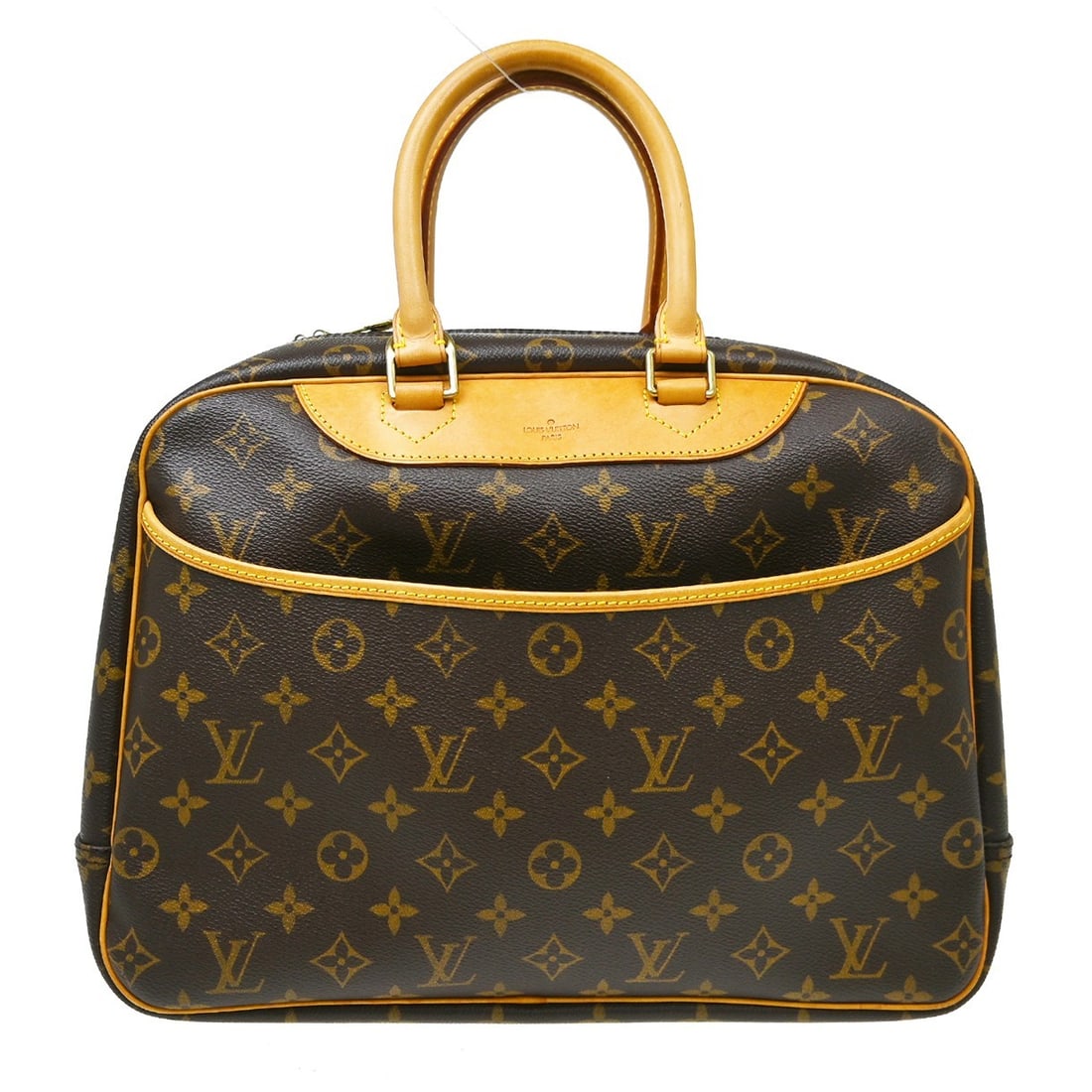 Louis Vuitton Deauville Vanity Monogram Canvas Handbag M42270: Louis Vuitton Deauville Vanity Monogram Canvas Handbag M42270 Vintage Louis Vuitton Deauville bowling vanity handbag in brown Monogram canvas with leather trim and double handles. This zip-top handbag