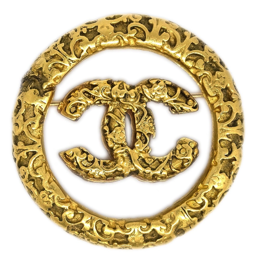 CHANEL 93A Round Medallion Brooch Gold Plated France: CHANEL 93A Round Medallion Brooch Gold Plated France Chanel medallion brooch pin in a round design with a gold-plated finish and clear acrylic accents. Marked 93A and made in France. Condition is very