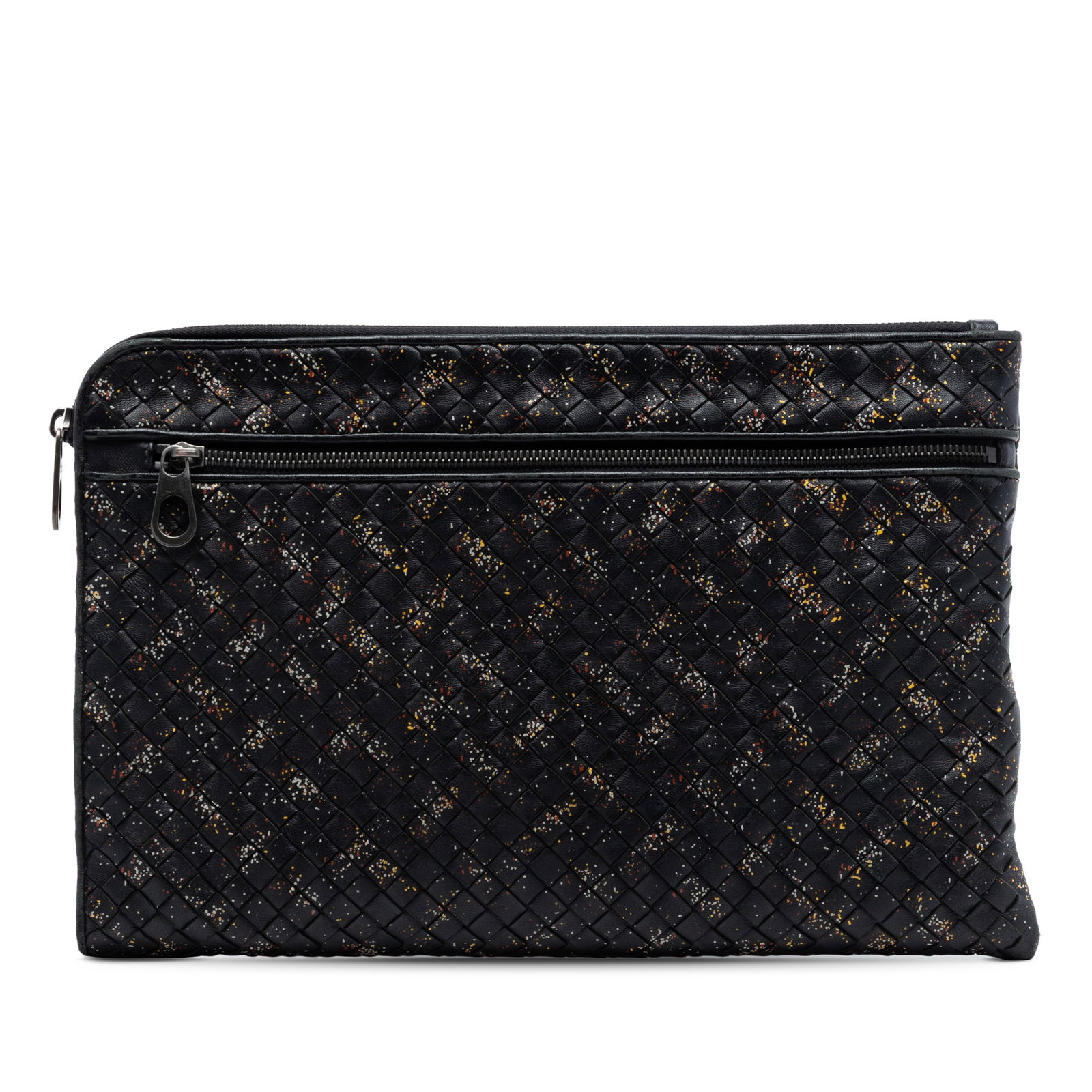 Bottega Veneta Intrecciato Nappa Leather Micro Dot Clutch: Bottega Veneta Intrecciato Nappa Leather Micro Dot Clutch This Bottega Veneta Nappa Intrecciato Micro Dot Clutch features a woven nappa leather exterior with distinctive micro dot detailing. The bag i