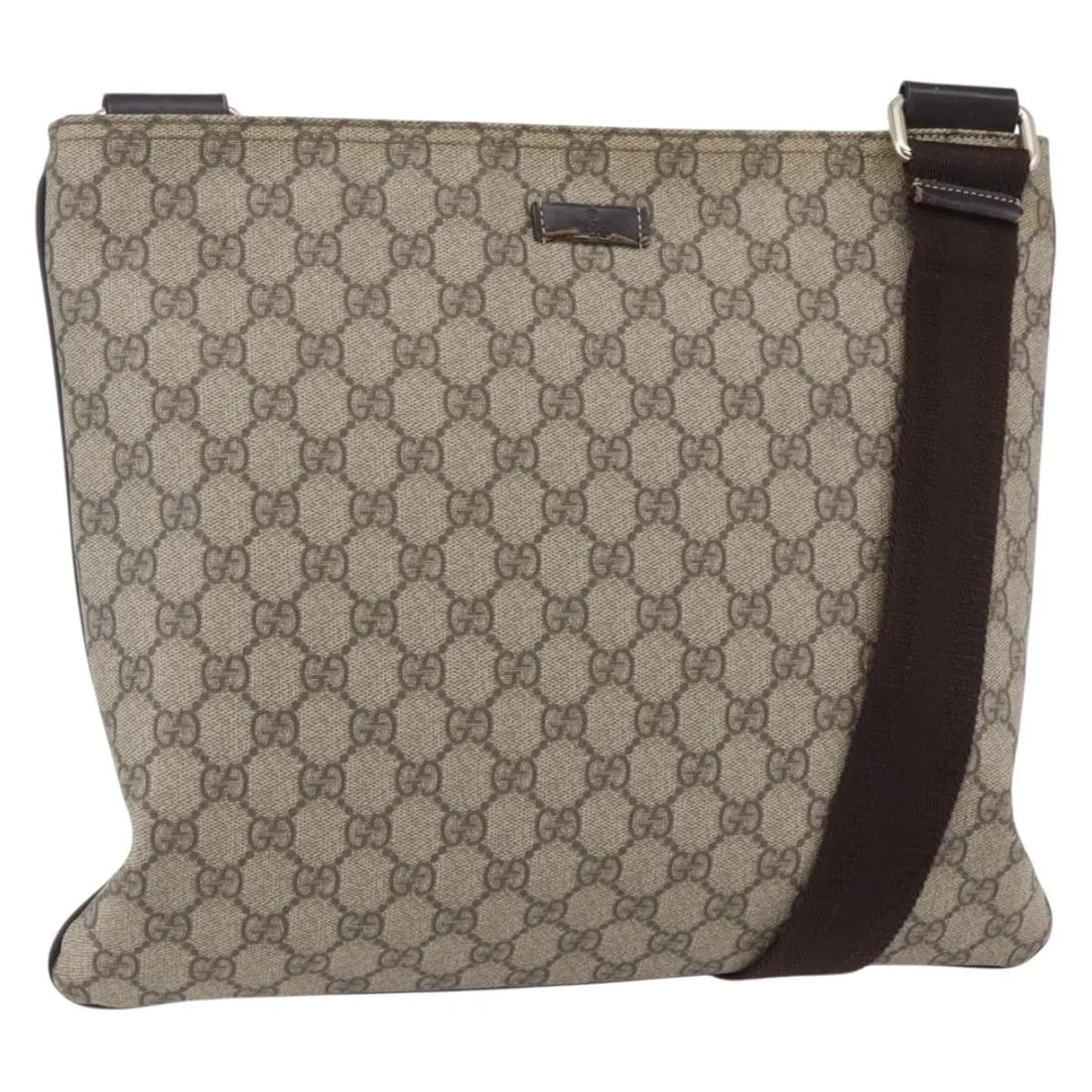 Unisex Gucci GG Coated Canvas Messenger Bag with Zip Closure: Unisex Gucci GG Coated Canvas Messenger Bag with Zip Closure This Gucci Zip Top Messenger Bag features a unisex design crafted from beige PVC coated canvas. It offers a spacious interior secured by a 