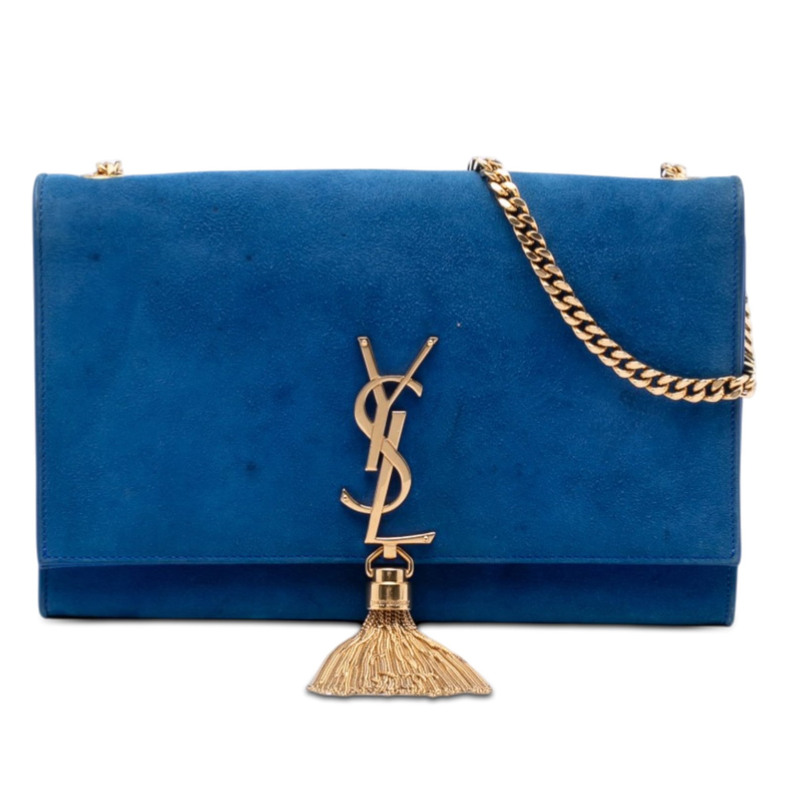 Saint Laurent Kate suede chain crossbody bag: Saint Laurent Kate suede chain crossbody bag This Saint Laurent Medium Suede Monogram Kate Tassel Crossbody bag features a blue suede leather body, a chain shoulder strap, a front flap with magnetic s