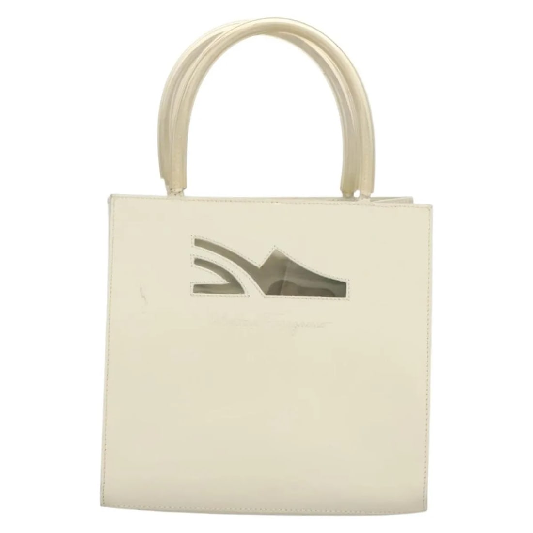 White Patent Leather Vintage Salvatore Ferragamo Handbag 21cm: White Patent Leather Vintage Salvatore Ferragamo Handbag 21cm This vintage Salvatore Ferragamo handbag for women features white patent leather construction with metal fittings. It measures 21cm by 21c