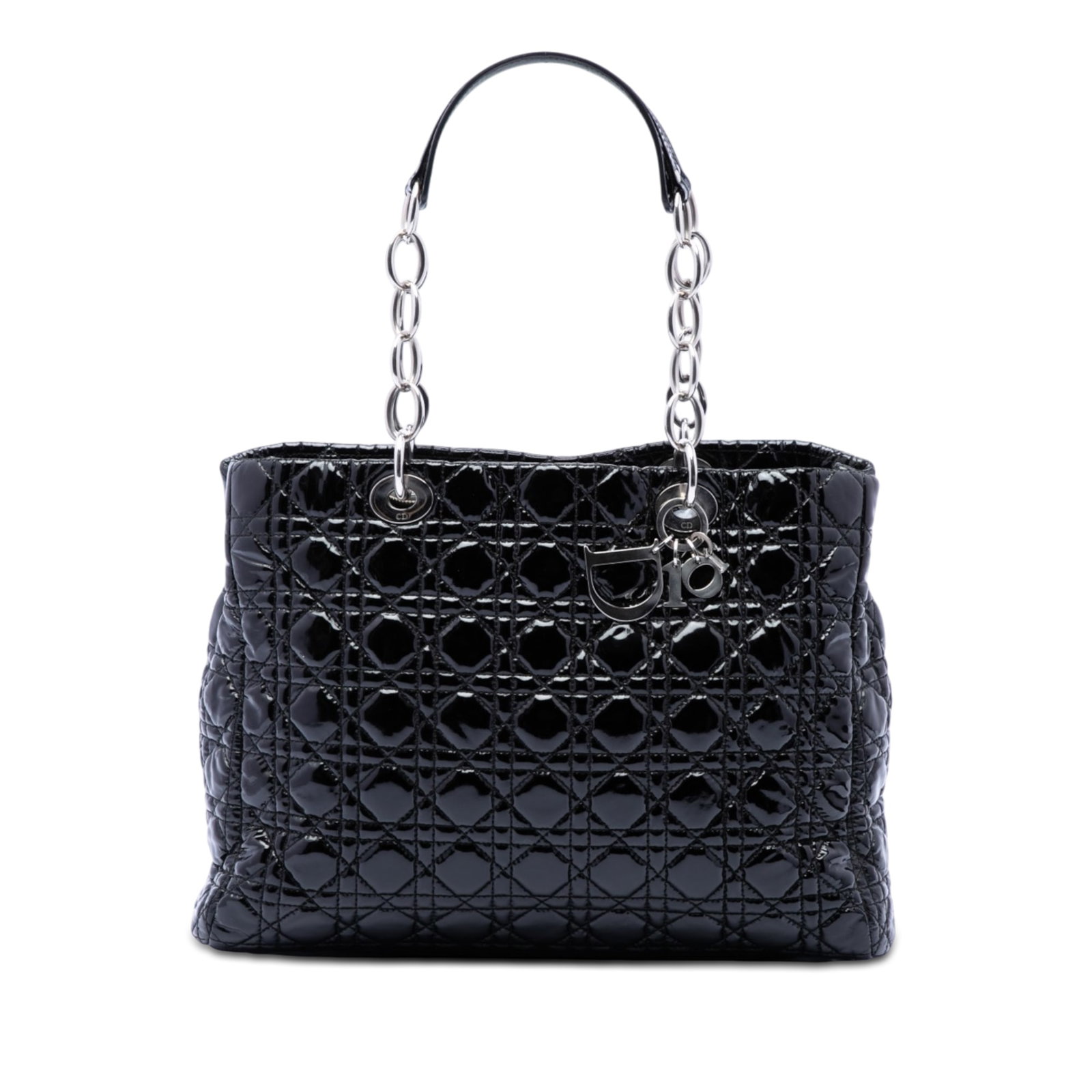 Dior Lady Dior Soft Shopping Tote in Black Patent Leather: Dior Lady Dior Soft Shopping Tote in Black Patent Leather Large Lady Dior Soft Shopping Tote in black patent leather with Cannage quilting. This open-top tote features flat leather and chain straps, a