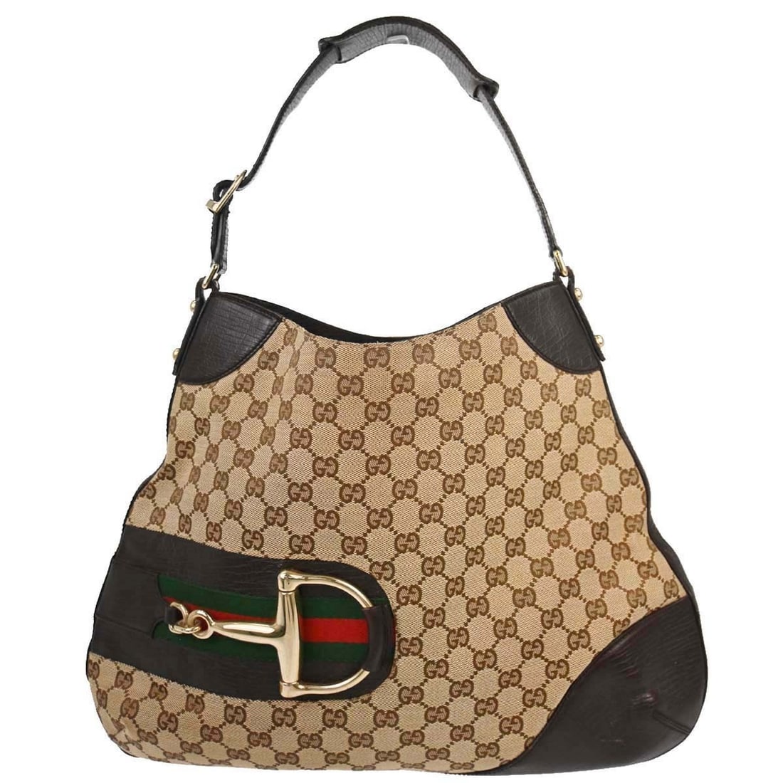 Gucci 137386 203998 GG Canvas Horsebit Sherry Shoulder Bag Brown: Gucci 137386 203998 GG Canvas Horsebit Sherry Shoulder Bag Brown Gucci GG Canvas Sherry Horsebit shoulder bag in brown and beige canvas with leather trim and the signature green and red web detail. Th