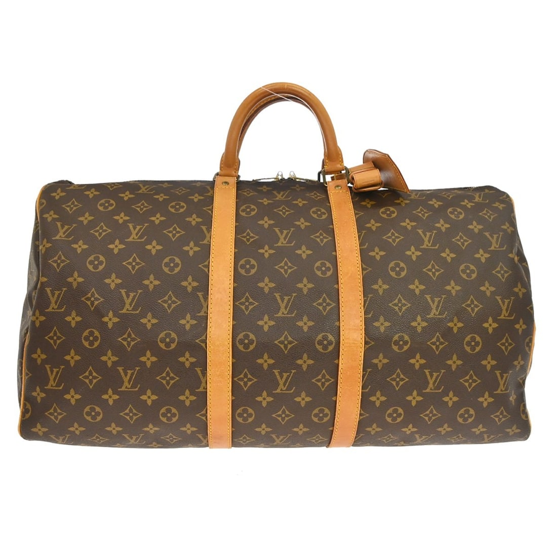 Louis Vuitton Keepall 55 Monogram Canvas Duffle Bag M41424: Louis Vuitton Keepall 55 Monogram Canvas Duffle Bag M41424 Vintage Louis Vuitton Keepall 55 travel handbag in brown Monogram canvas with leather trim and double handles. This extra-large duffle-style 