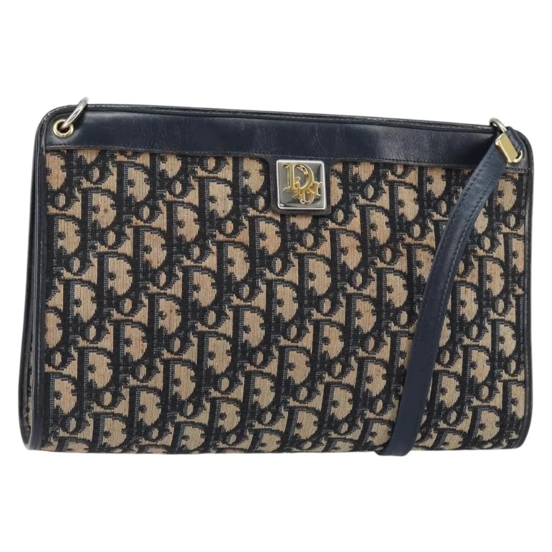 Christian Dior Vintage Trotter Navy Canvas Shoulder Bag: Christian Dior Vintage Trotter Navy Canvas Shoulder Bag This Christian Dior Vintage Trotter Shoulder Bag features navy canvas material with leather and metal fittings. It shows signs of wear including
