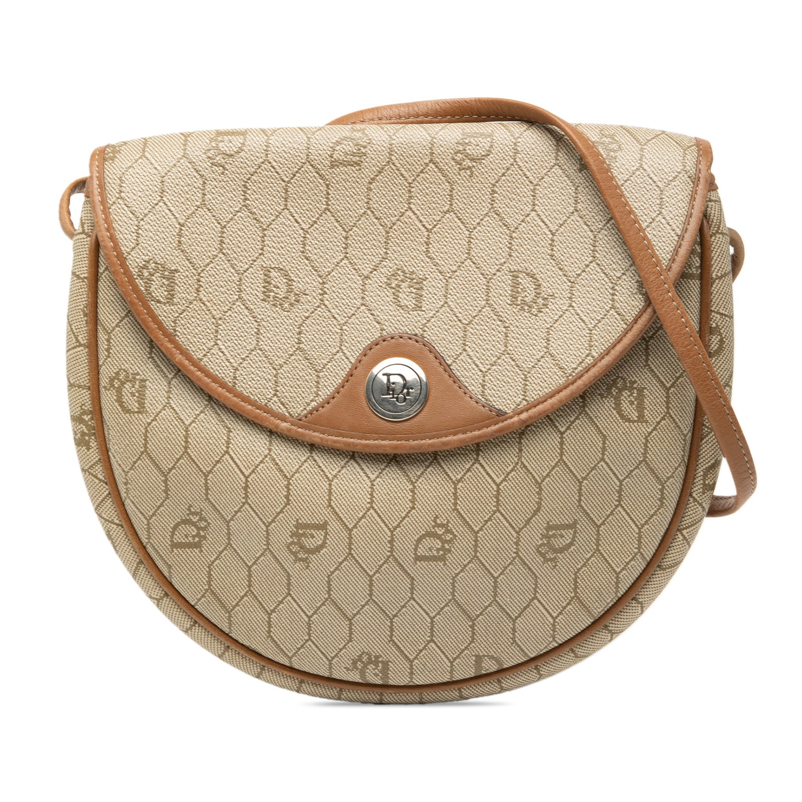 Dior Honeycomb Beige Coated Canvas Crossbody Bag with Leather Trim: Dior Honeycomb Beige Coated Canvas Crossbody Bag with Leather Trim This Dior Honeycomb crossbody bag features a beige coated canvas body with leather trim, a flat leather strap, and a flap with magnet