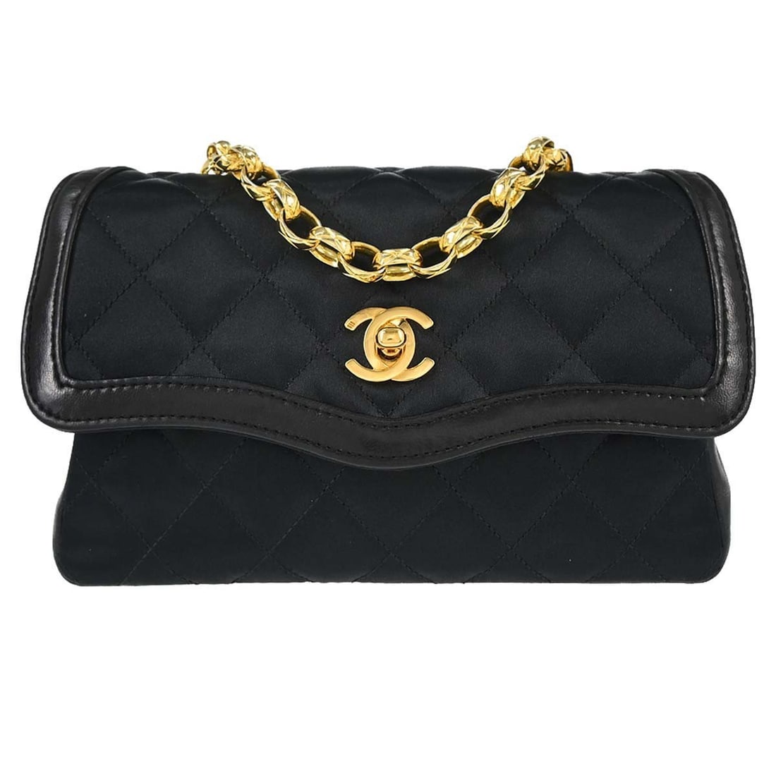 CHANEL Single Chain Shoulder Bag Black Satin Quilted Flap: CHANEL Single Chain Shoulder Bag Black Satin Quilted Flap Black Chanel shoulder bag in satin with a quilted Matelasse pattern and flap turnlock closure. The bag features a single chain shoulder strap,