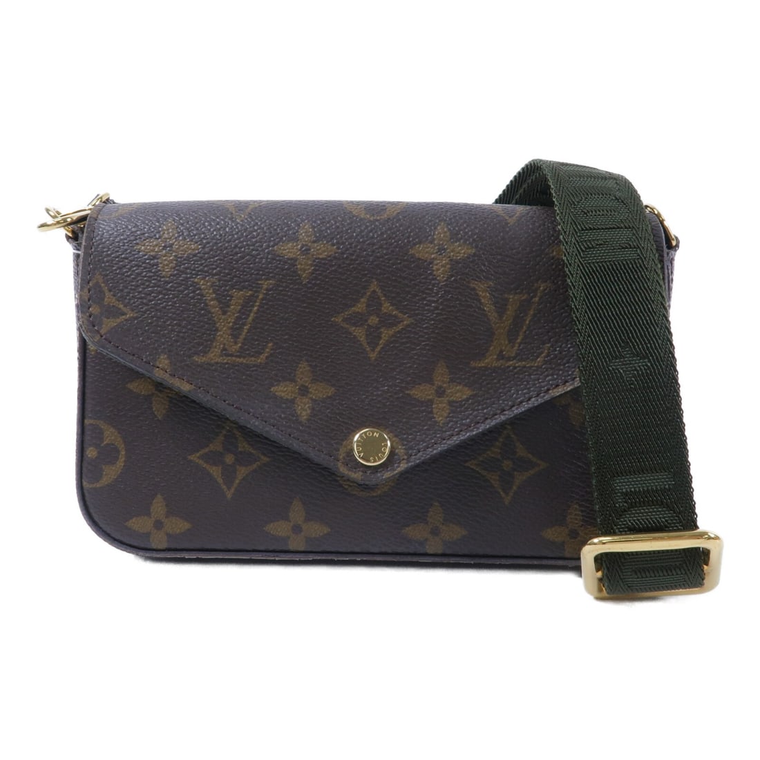 Louis Vuitton Felicie Strap and Go Shoulder Bag Monogram Brown Green: Louis Vuitton Felicie Strap and Go Shoulder Bag Monogram Brown Green Louis Vuitton Felicie Strap & Go shoulder bag in Monogram brown and green. This women's shoulder bag is made from PVC coated canvas