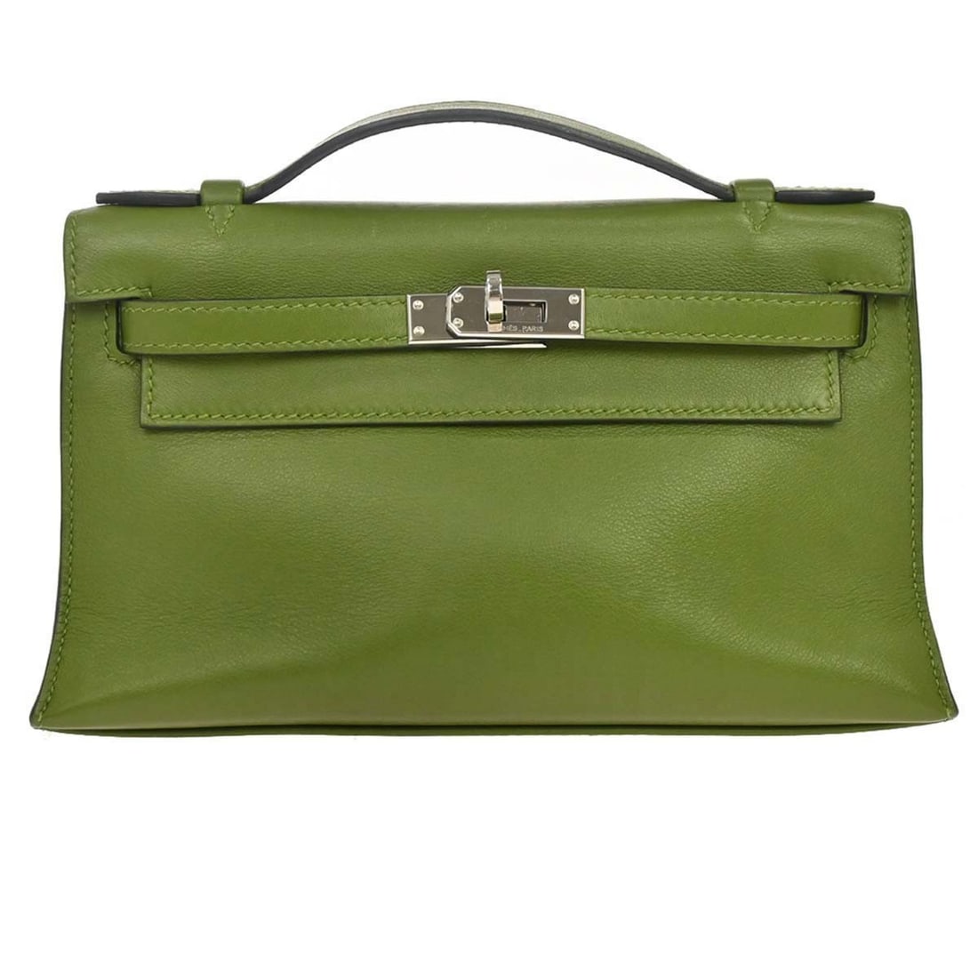 Hermes Kelly Pochette Evercalf Top Handle Bag Anis Green 22.S #M: Hermes Kelly Pochette Evercalf Top Handle Bag Anis Green 22.S #M Hermes Kelly Pochette handbag in Anis Green Evercalf leather with a top handle and turn-lock closure. This small pouch-style bag is lin