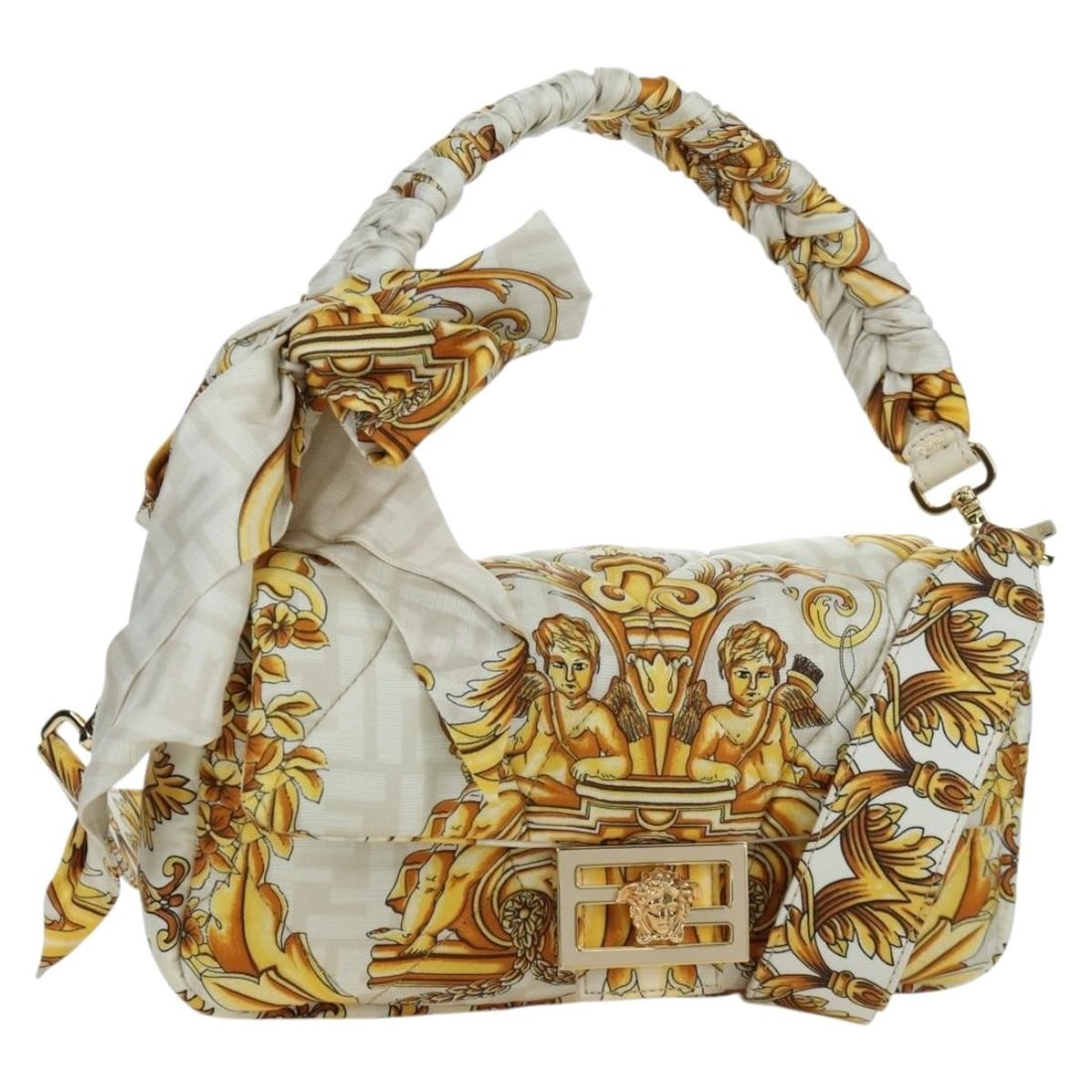 Fendi White Nylon Zucca Canvas Mamma Baguette Shoulder Bag Italy: Fendi White Nylon Zucca Canvas Mamma Baguette Shoulder Bag Italy This FENDI Zucca Canvas Mamma Baguette shoulder bag features a white and gold nylon and Zucca canvas exterior, complemented by a versat