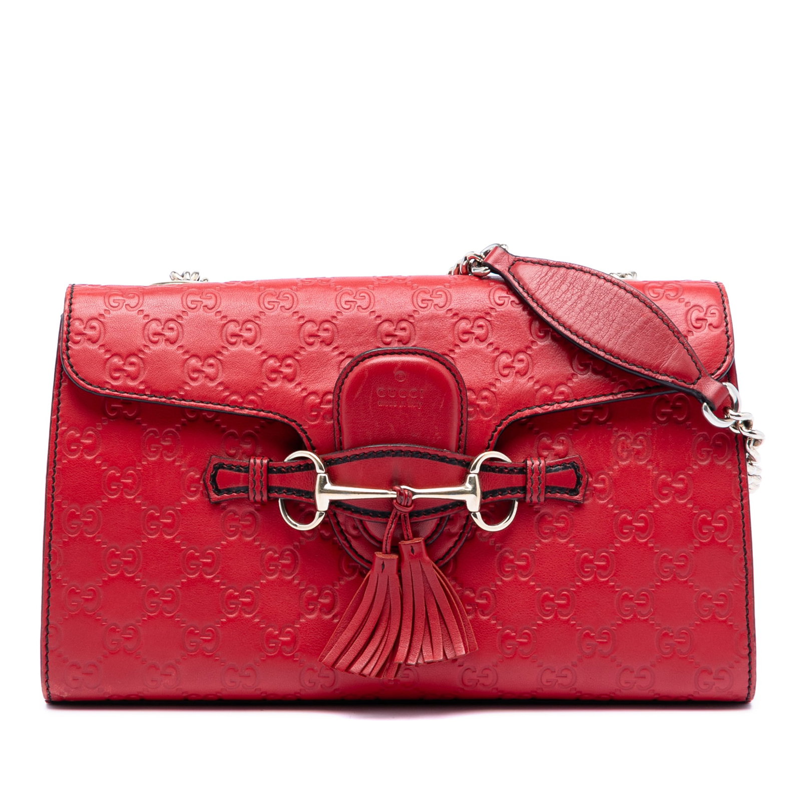 Gucci Guccissima Emily Red Leather Chain Shoulder Bag Medium: Gucci Guccissima Emily Red Leather Chain Shoulder Bag Medium This Gucci Medium Guccissima Emily Shoulder Bag features an embossed leather body in red, a chain link shoulder strap with a leather guard,