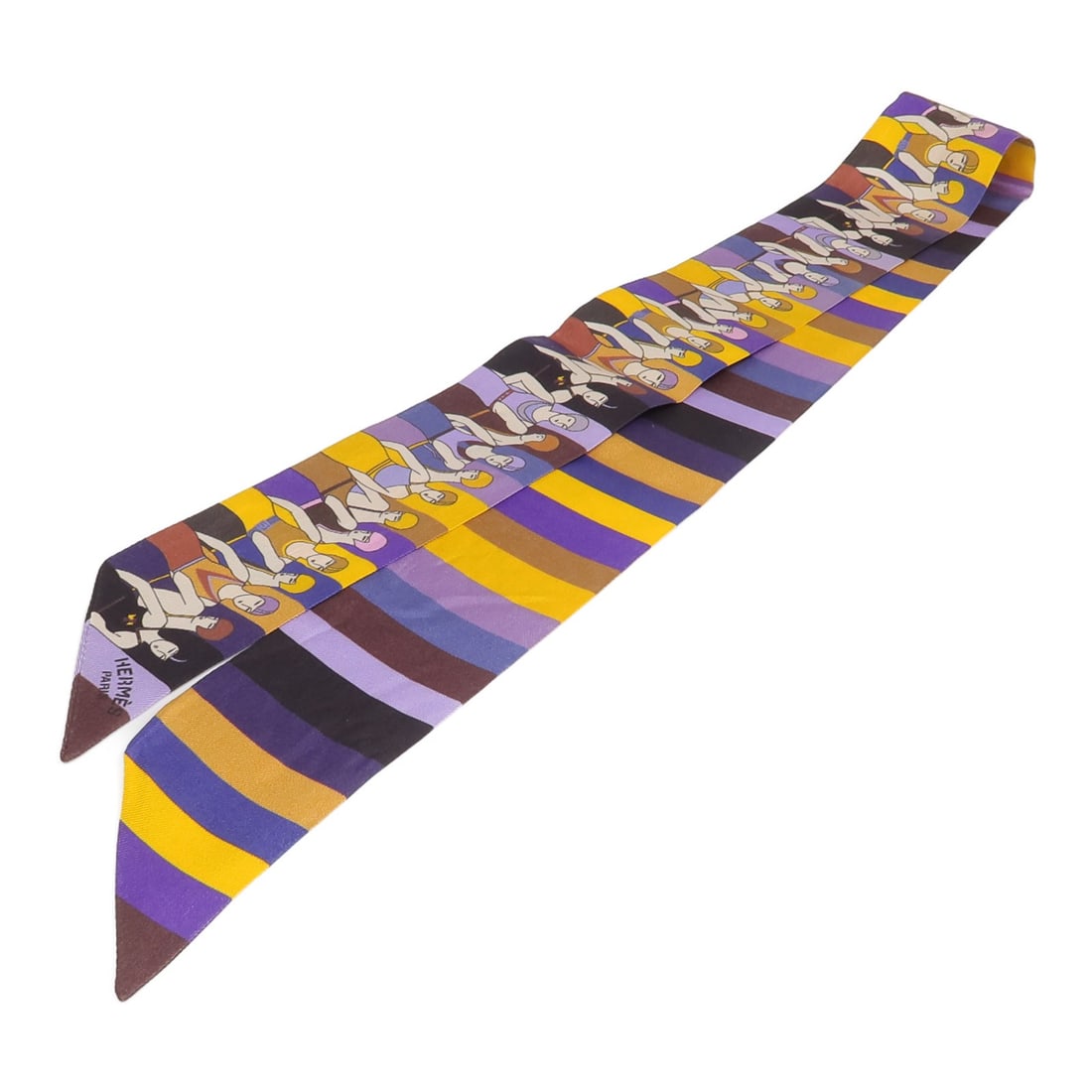 Hermes Twilly silk scarf in purple yellow brown black: Hermes Twilly silk scarf in purple yellow brown black This Hermes Twilly scarf is crafted from luxurious silk and features a striking combination of purple, yellow, brown, and black tones. Designed fo