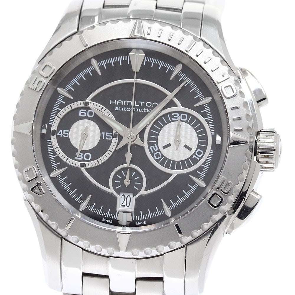 Hamilton Jazzmaster Seaview automatic chronograph watch H376160: Hamilton Jazzmaster Seaview automatic chronograph watch H376160 This Hamilton Jazzmaster Seaview men's wristwatch features a stainless steel case and bracelet with a black dial. The automatic movement