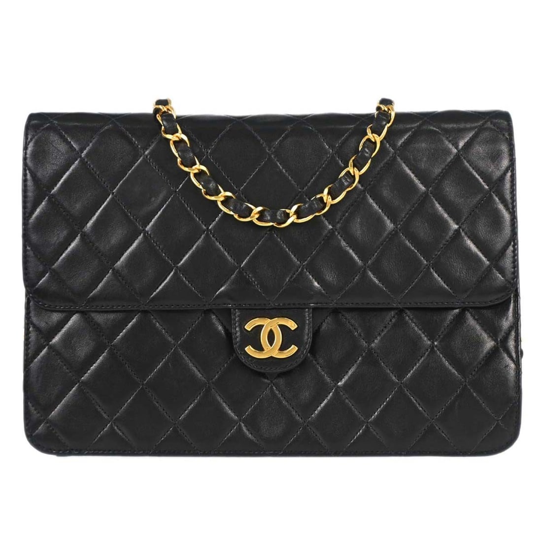 CHANEL Classic Single Flap Medium Black Lambskin Shoulder Bag: CHANEL Classic Single Flap Medium Black Lambskin Shoulder Bag Chanel Classic Single Flap shoulder bag in black lambskin with a pushlock turn-lock closure and crossbody strap. This medium bag features 