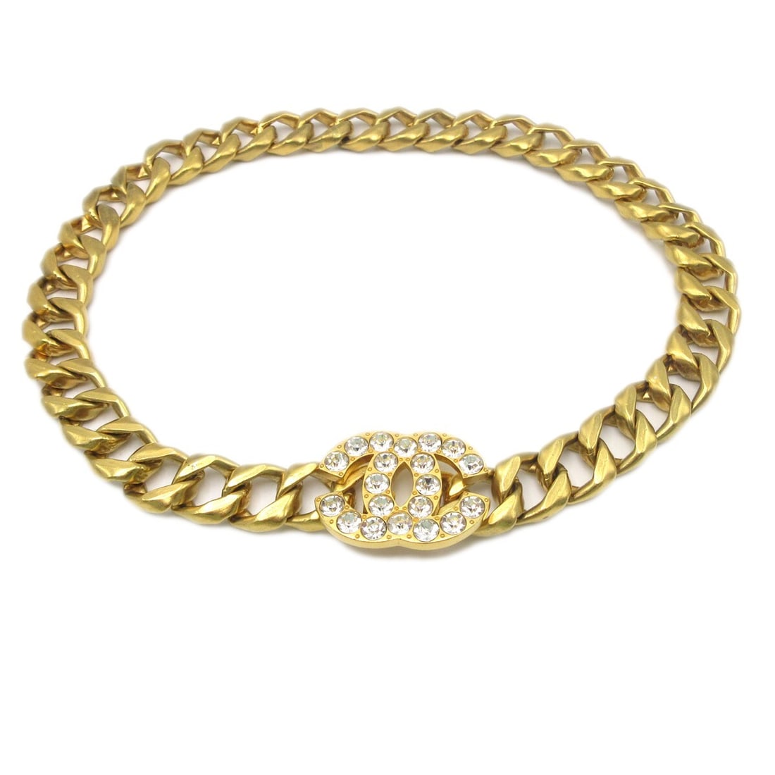 CHANEL 95P adjustable gold tone chain belt with rhinestones: CHANEL 95P adjustable gold tone chain belt with rhinestones Vintage Chanel chain belt from the 95P collection, crafted in gold-tone metal with rhinestone accents and a Chanel charm. This adjustable wo
