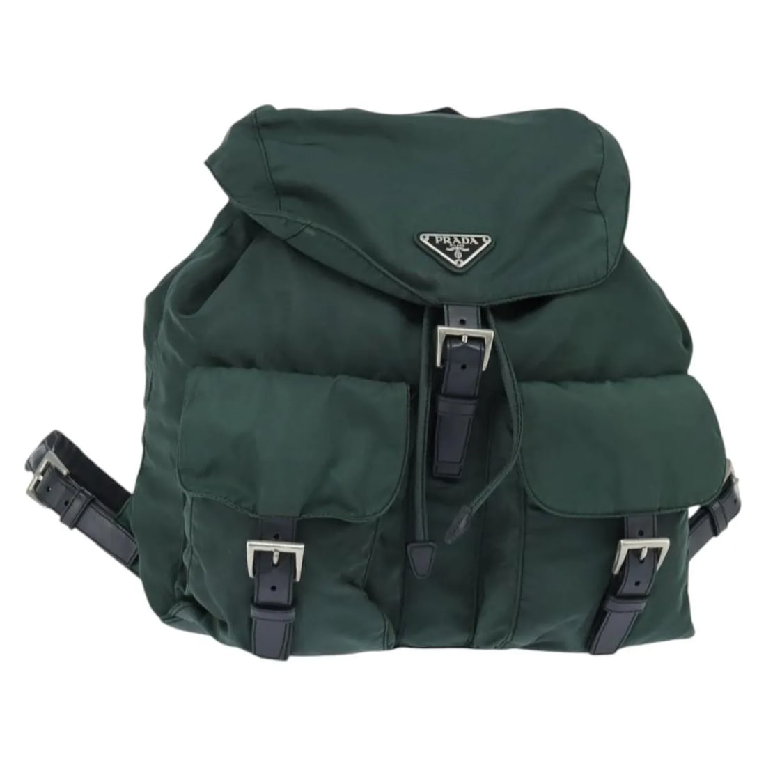 Unisex Prada Backpack Vela Model in Khaki Nylon with Saffiano Leather Trim: Unisex Prada Backpack Vela Model in Khaki Nylon with Saffiano Leather Trim This Prada Vela Double Front Pocket Backpack is crafted from durable nylon with Saffiano leather accents. Designed in a versa