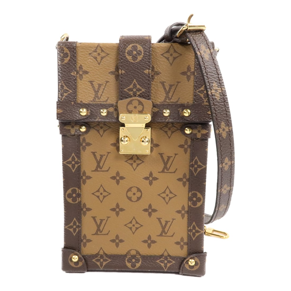 Louis Vuitton M67873 Vertical Trunk Shoulder Bag Monogram Reverse: Louis Vuitton M67873 Vertical Trunk Shoulder Bag Monogram Reverse Louis Vuitton trunk vertical shoulder bag in Monogram Reverse brown. This women's shoulder bag is made from PVC coated canvas and show