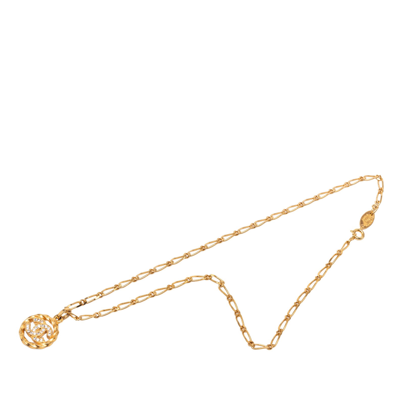 Chanel CC Round Pendant Necklace Gold Tone Metal with Strass: Chanel CC Round Pendant Necklace Gold Tone Metal with Strass Chanel CC round pendant necklace in gold-plated metal with strass detailing. This costume jewelry piece features a gold-tone chain and a sp
