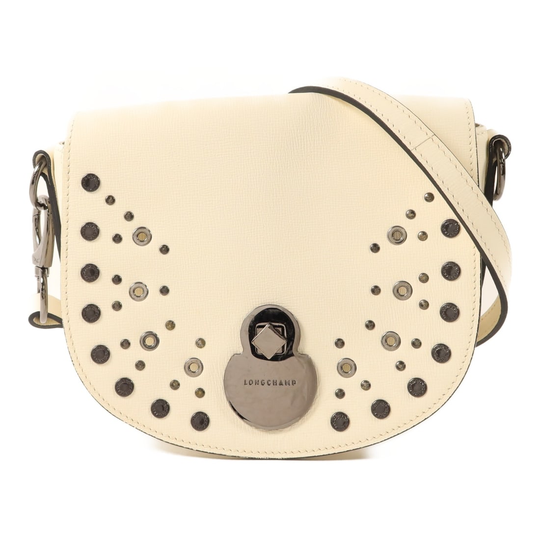 Longchamp White Calfskin Leather Shoulder Bag With Silver Hardware: Longchamp White Calfskin Leather Shoulder Bag With Silver Hardware This Longchamp shoulder bag is crafted from white calfskin leather and features a classic, compact silhouette. Made in Italy, it offe