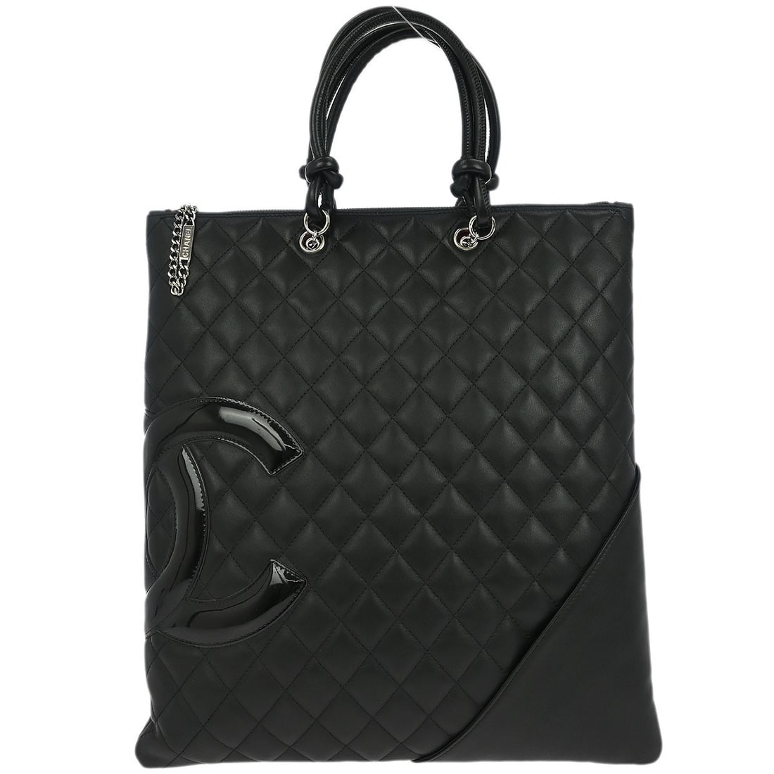 CHANEL Cambon Ligne Large Black Calfskin Top Handle Bag: CHANEL Cambon Ligne Large Black Calfskin Top Handle Bag Chanel Cambon Ligne top handle handbag in black calfskin with patent leather trim. This large women's bag features an exterior pocket, interior 