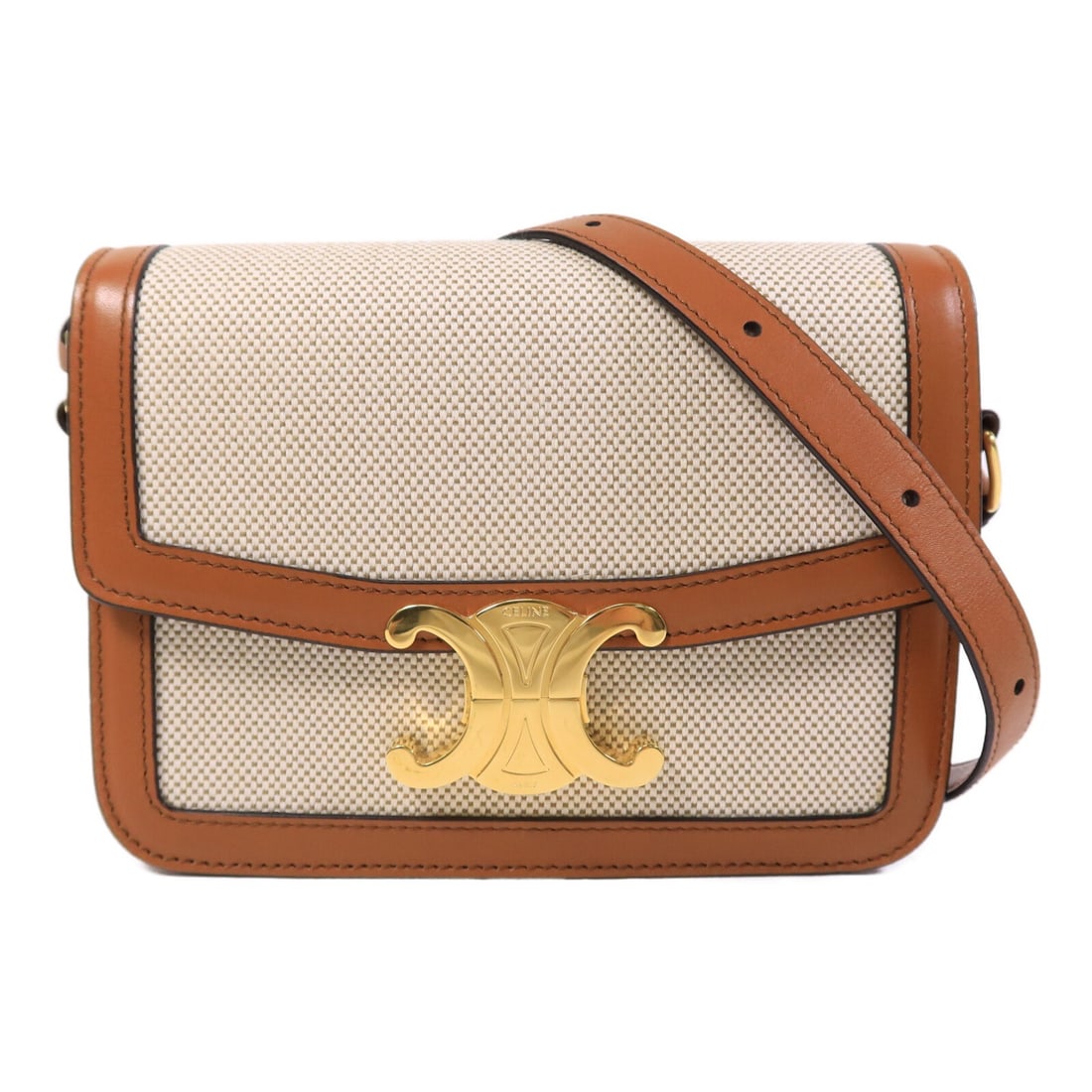 CELINE Teen Triomphe Brown Canvas Shoulder Bag GHW: CELINE Teen Triomphe Brown Canvas Shoulder Bag GHW This CELINE Teen Triomphe shoulder bag features a brown canvas exterior and is designed for women. The bag offers a compact silhouette with a height 