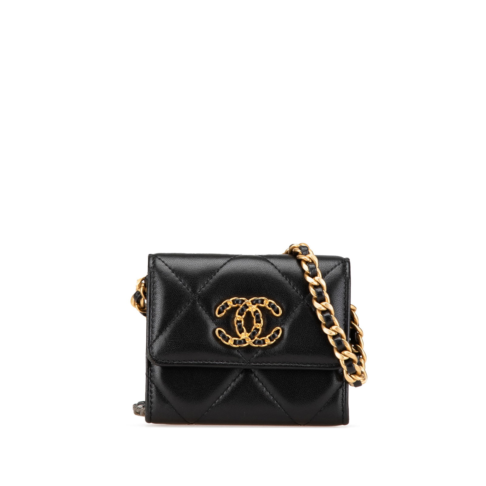 Chanel 19 Quilted Lambskin Card Holder On Chain Black: Chanel 19 Quilted Lambskin Card Holder On Chain Black This elegant card holder showcases a luxurious quilted lambskin leather body in a classic black color, complemented by gold-tone hardware. It feat