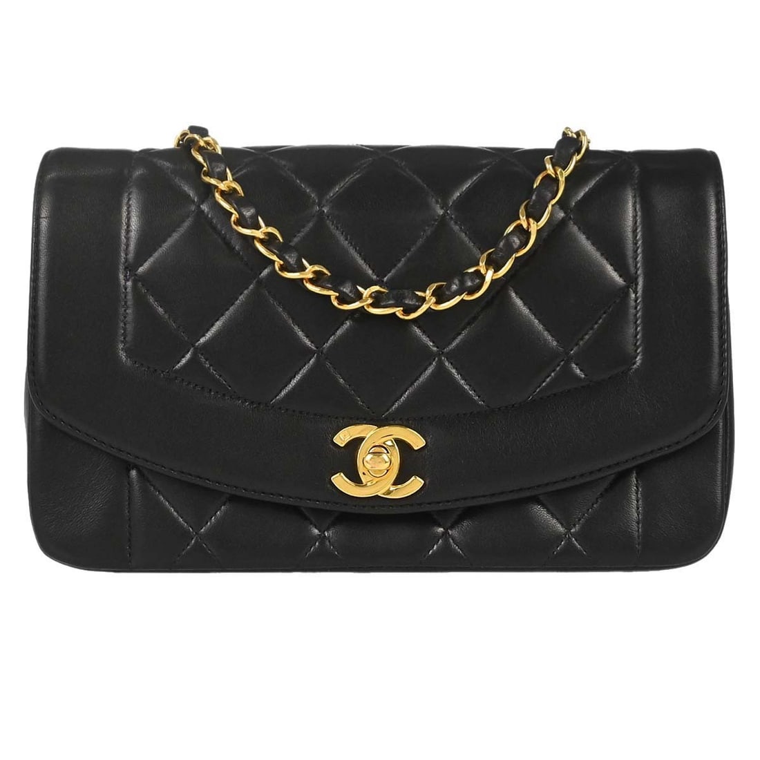 CHANEL Diana Small Black Lambskin Shoulder Bag: CHANEL Diana Small Black Lambskin Shoulder Bag Chanel Small Diana shoulder bag in black lambskin with a shoulder strap and canvas lining. This women's bag features interior pockets and comes with a se