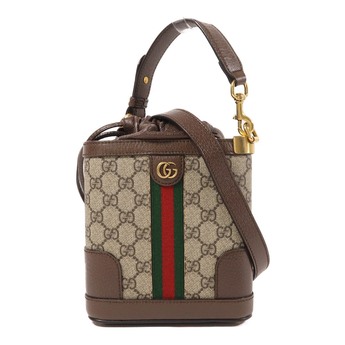 Gucci Ophidia GG Bucket Bag Brown Coated Canvas 2 Way Shoulder: Gucci Ophidia GG Bucket Bag Brown Coated Canvas 2 Way Shoulder This GUCCI Ophidia bucket bag offers versatile styling as a two-way shoulder bag. Crafted in Italy, it features a brown PVC coated canvas