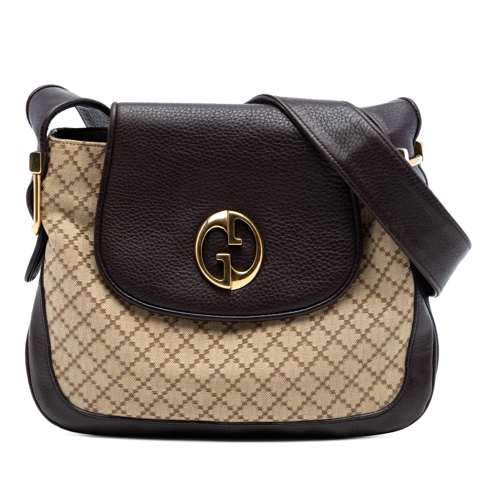 Diamante Canvas 1973 Beige Shoulder Bag by Gucci with Leather Trim: Diamante Canvas 1973 Beige Shoulder Bag by Gucci with Leather Trim This Gucci Diamante Canvas 1973 Shoulder Bag features a beige canvas body with leather trim and an adjustable flat leather strap. The