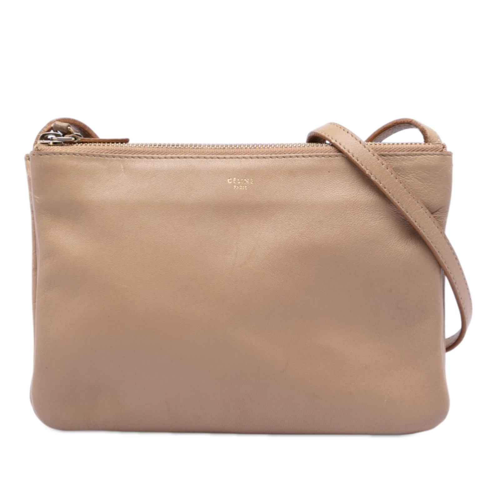 Celine Trio Small Lambskin Crossbody Bag: Celine Trio Small Lambskin Crossbody Bag This Celine Small Lambskin Trio Crossbody bag is crafted from beige leather and features a flat leather shoulder strap and top zip closures. The bag is made in