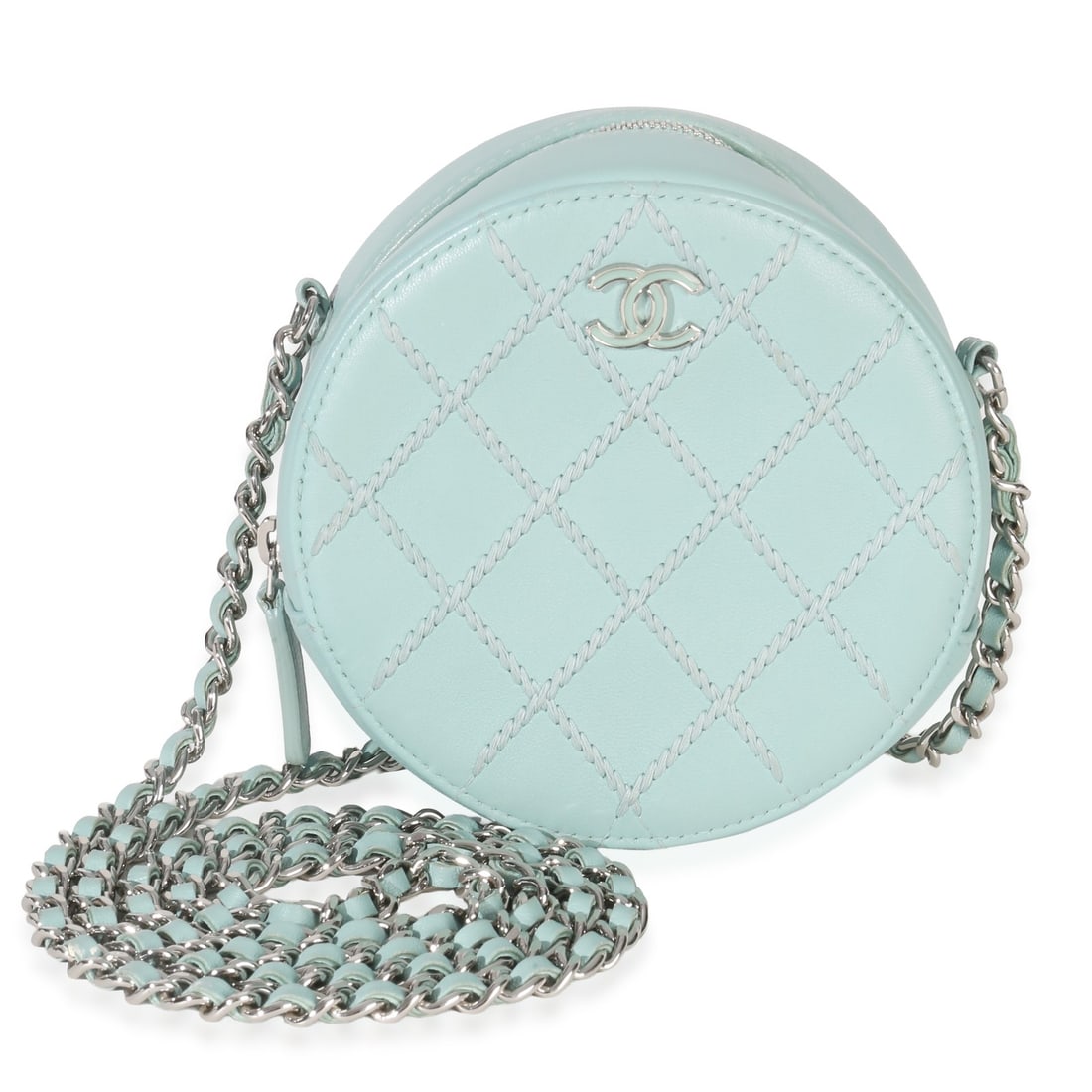 Chanel Ultimate Stitch Round Clutch On Chain Green Leather Bag: Chanel Ultimate Stitch Round Clutch On Chain Green Leather Bag Pre-owned Chanel Ultimate Stitch Round Clutch On Chain in teal lambskin leather. This compact bag features a round silhouette, zip-top cl