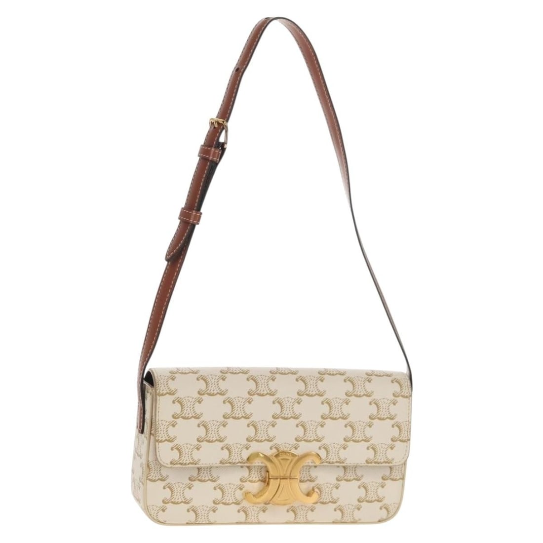 CELINE Triomphe Mini Shoulder Bag Brown White PVC Auth F-CU-1251: CELINE Triomphe Mini Shoulder Bag Brown White PVC Auth F-CU-1251 Introducing the CELINE Triomphe Mini Semi Shoulder Bag, a stylish accessory crafted in Italy from durable PVC leather. This shoulder ba