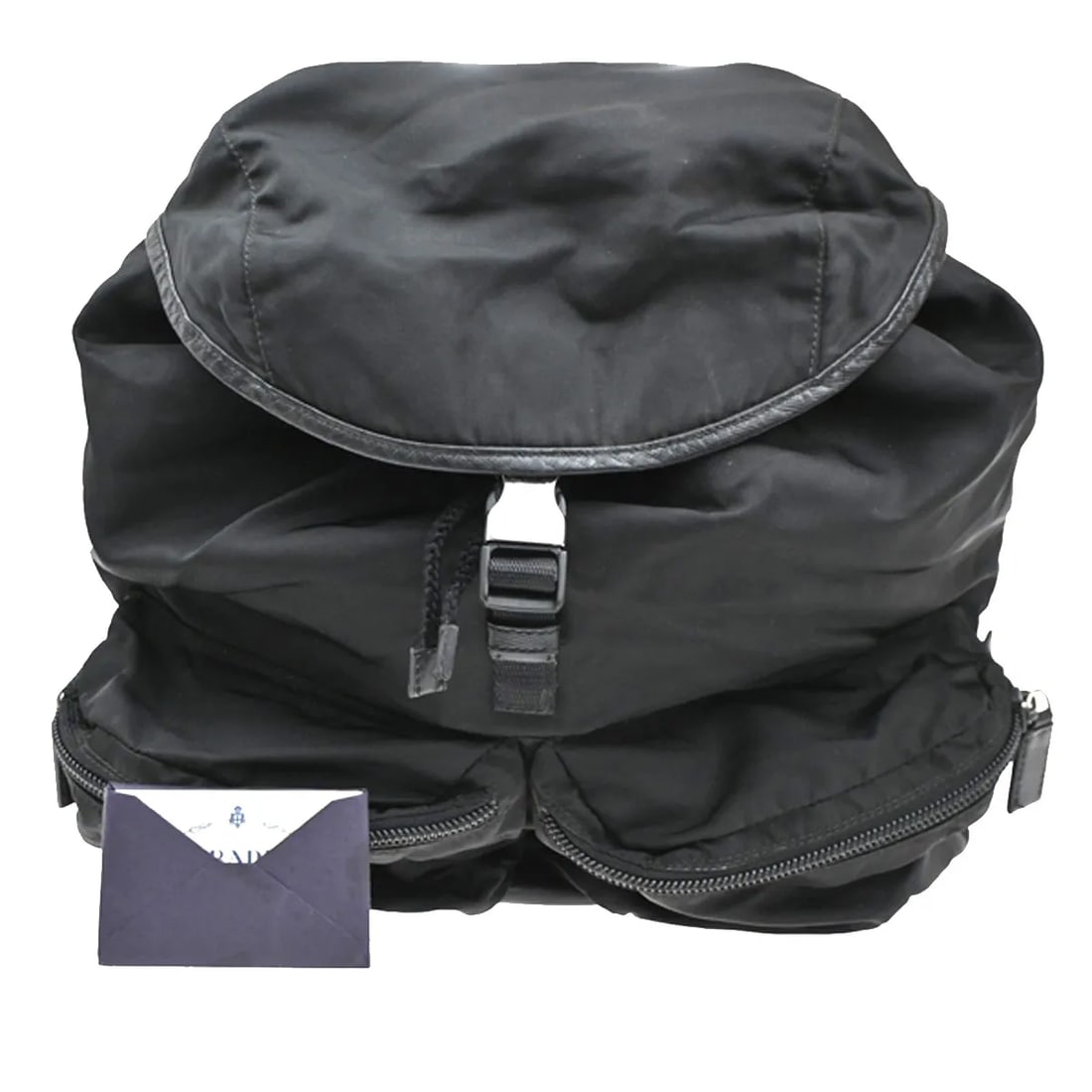 Prada Double Front Pocket Nylon Backpack Black: Prada Double Front Pocket Nylon Backpack Black This Prada Double Front Pocket Backpack is crafted from black nylon, designed for women. It features two front pockets for added storage and convenience.
