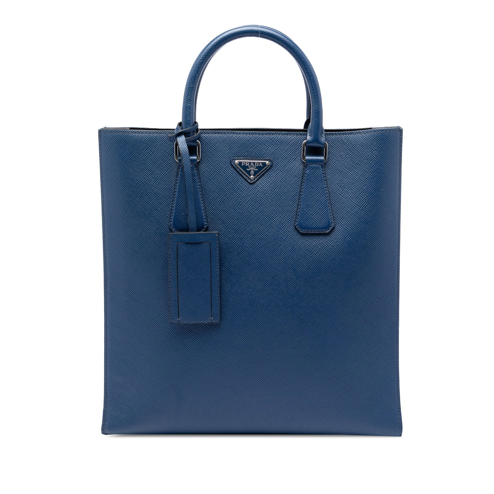 Prada blue saffiano leather North South tote bag: Prada blue saffiano leather North South tote bag This Prada Saffiano North South Tote is crafted from saffiano leather in blue and features rolled leather handles, an open top, and interior zip and sl