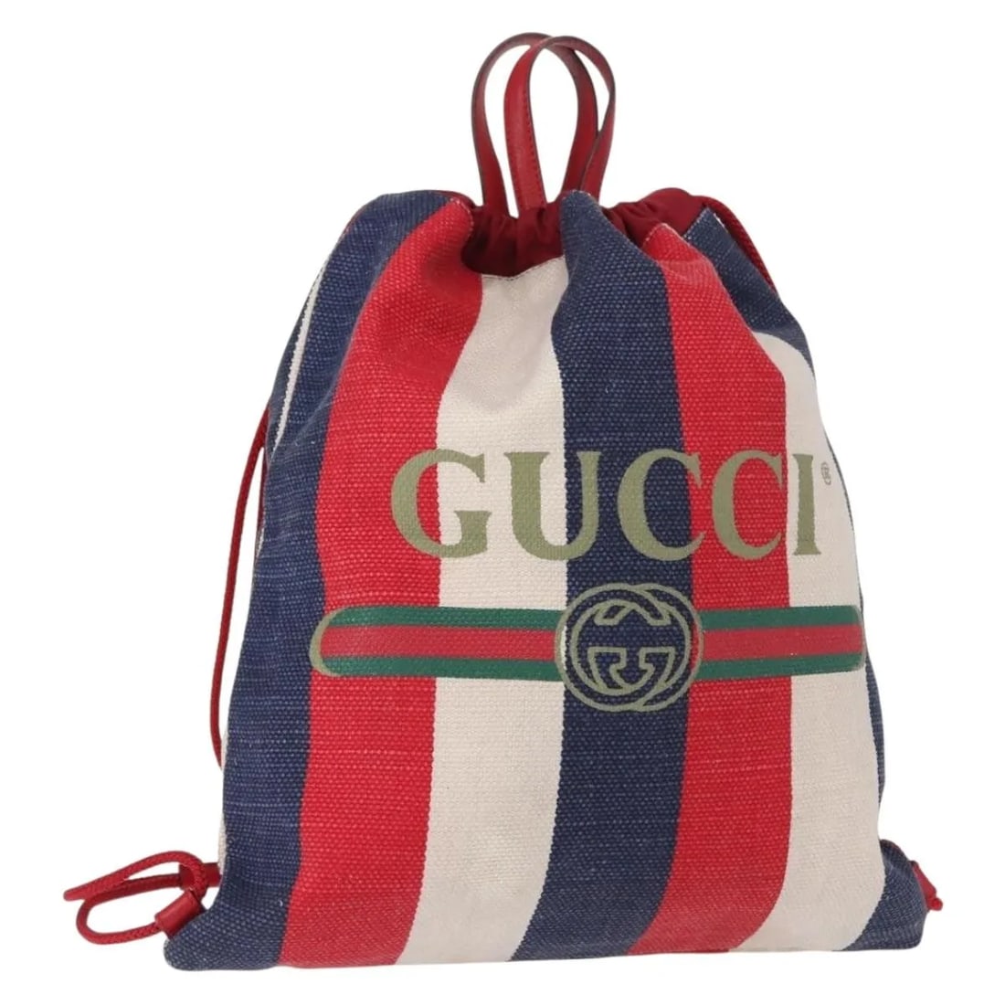 Gucci Logo Drawstring Backpack Blue Striped Canvas: Gucci Logo Drawstring Backpack Blue Striped Canvas This Gucci Logo Drawstring Backpack for women features a blue striped canvas exterior with a drawstring closure. It shows signs of use including slig