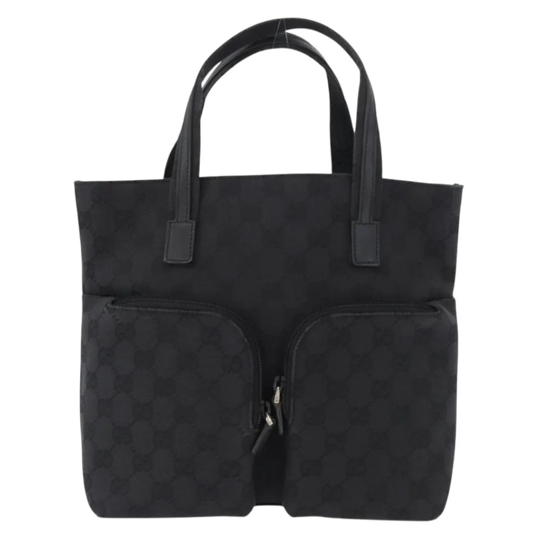 Black GG Canvas Double Pocket Tote Bag by Gucci: Black GG Canvas Double Pocket Tote Bag by Gucci This Gucci Double Pocket Tote features the brand's signature GG canvas in black, designed for women. The bag includes two exterior pockets and leather t