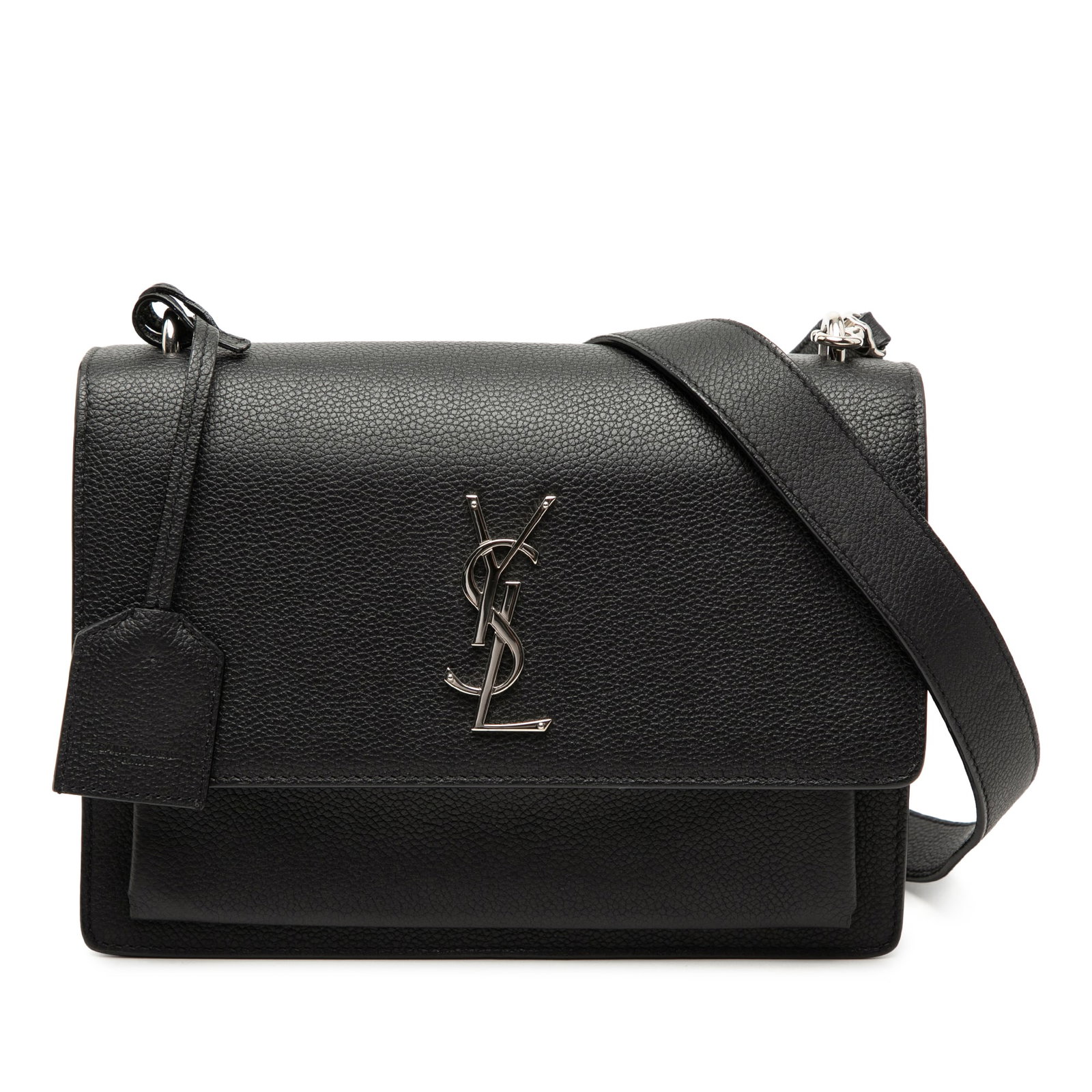Saint Laurent Sunset leather crossbody bag black: Saint Laurent Sunset leather crossbody bag black This Saint Laurent Medium Grained Calfskin Monogram Sunset Crossbody features a black leather body with a top flap and magnetic snap button closure. It