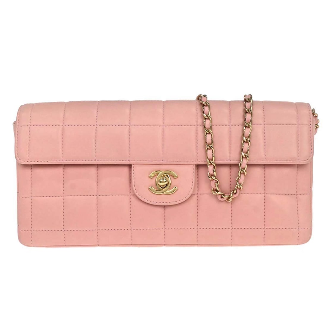CHANEL Choco Bar East West Pink Lambskin Shoulder Bag: CHANEL Choco Bar East West Pink Lambskin Shoulder Bag Chanel Choco Bar East West shoulder bag in pink lambskin with a turn-lock closure and shoulder strap. This small women's bag features a leather li