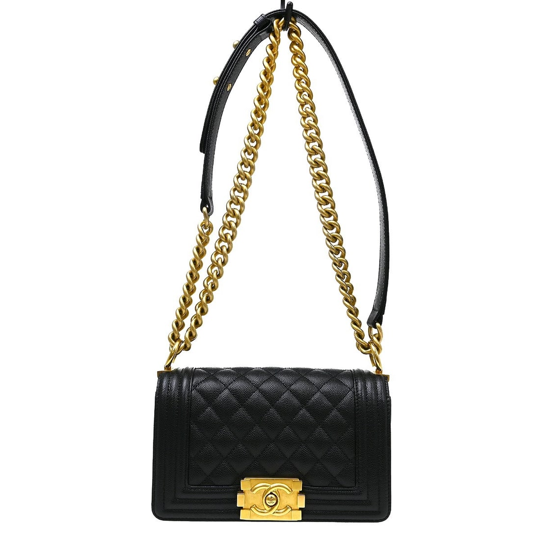 CHANEL Boy Chanel Mini Black Leather Chain Shoulder Bag: CHANEL Boy Chanel Mini Black Leather Chain Shoulder Bag Boy Chanel small chain shoulder bag in black caviar skin leather with a clasp flap closure, chain shoulder strap, fabric lining, and one interio