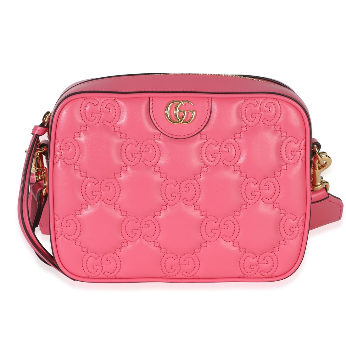 Gucci GG Stitched Matelasse Small Pink Leather Crossbody Bag: Gucci GG Stitched Matelasse Small Pink Leather Crossbody Bag Pre-owned Gucci small crossbody bag in pink GG stitched calfskin matelasse leather. This unisex design features a zip-around closure, beige
