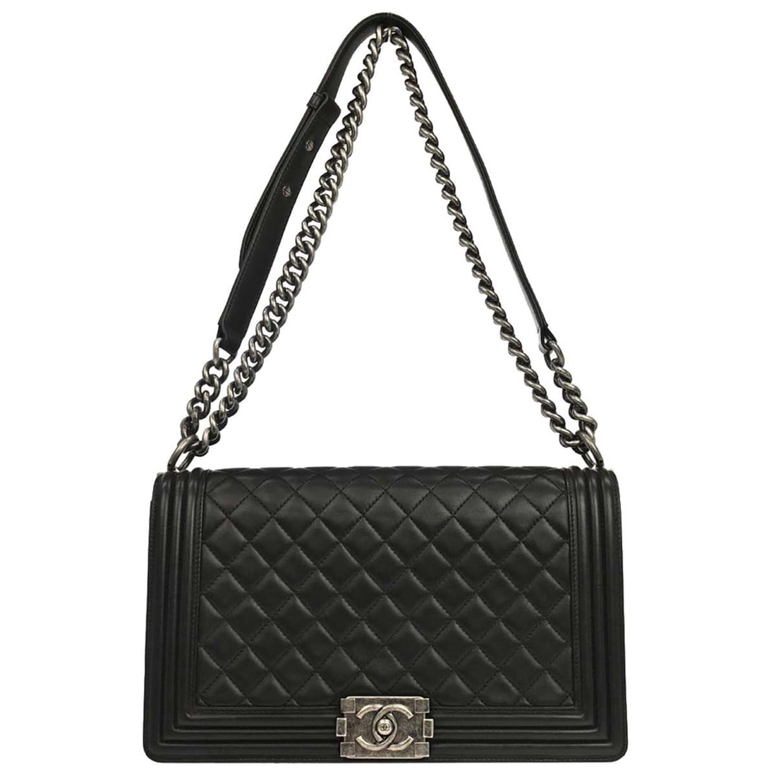 CHANEL Boy Medium Black Lambskin Shoulder Bag: CHANEL Boy Medium Black Lambskin Shoulder Bag Vintage Chanel Boy medium shoulder bag in black lambskin with a push-lock closure, quilted accents, and chain shoulder strap. The interior is fabric lined
