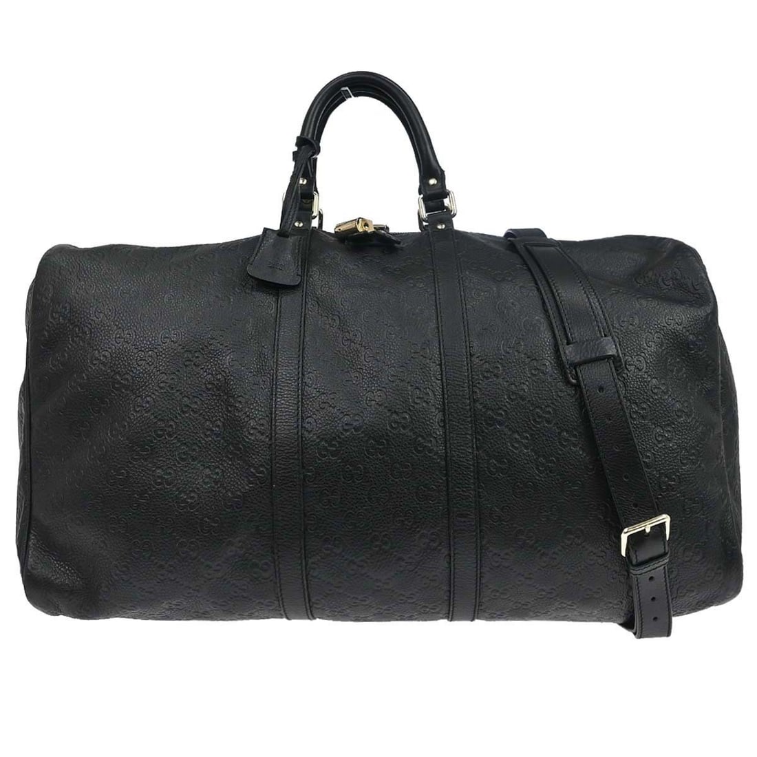 Gucci GG 2way Duffle Leather Top Handle Bag Black 206500 213048: Gucci GG 2way Duffle Leather Top Handle Bag Black 206500 213048 Vintage Gucci GG 2way duffle handbag in black leather with a top handle design and removable shoulder strap. The bag features a black li