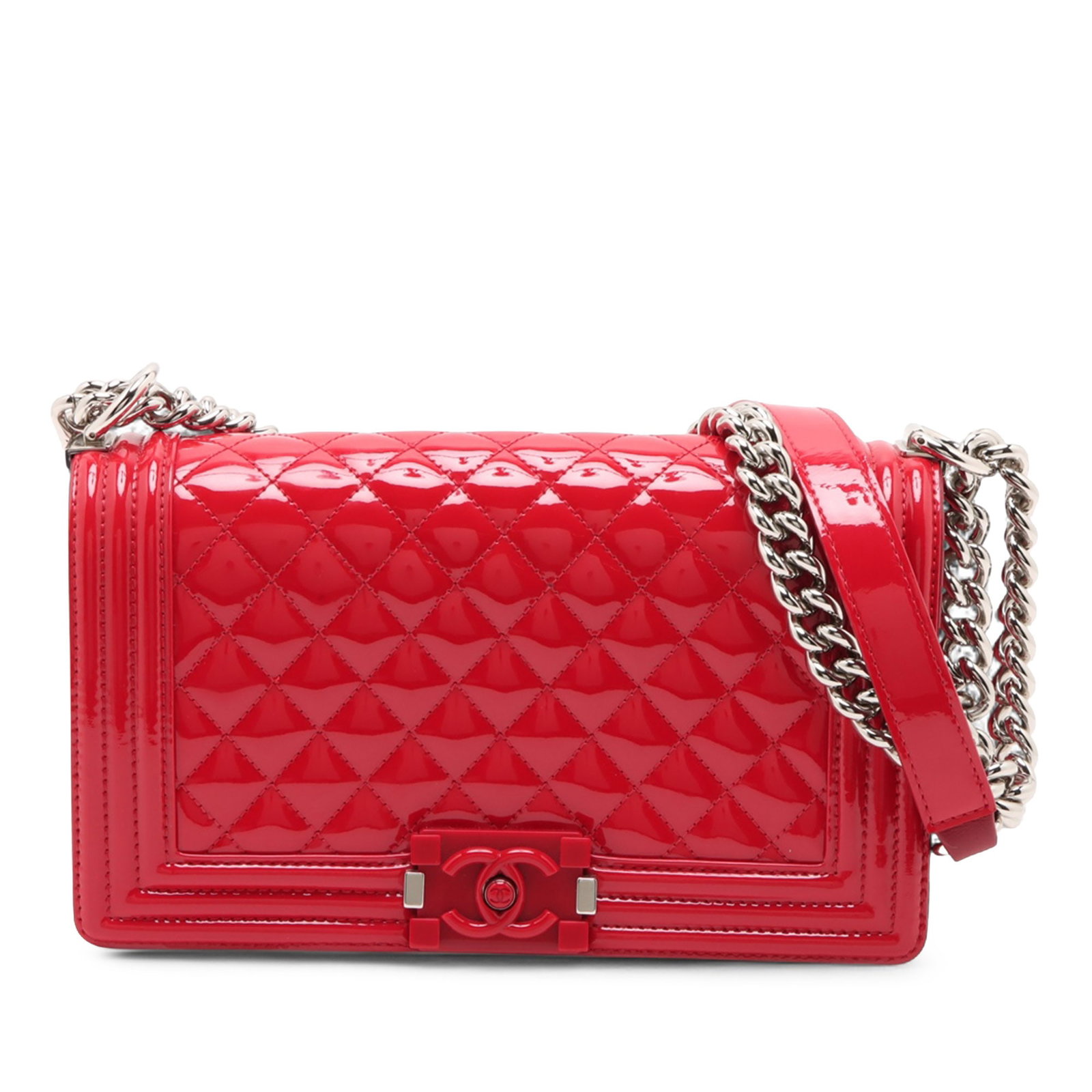 Chanel Boy Flap Old Medium Red Patent Leather Shoulder Bag: Chanel Boy Flap Old Medium Red Patent Leather Shoulder Bag Chanel Old Medium Boy Flap bag in red quilted patent leather with an acrylic push lock closure. This shoulder bag features a curb chain with 