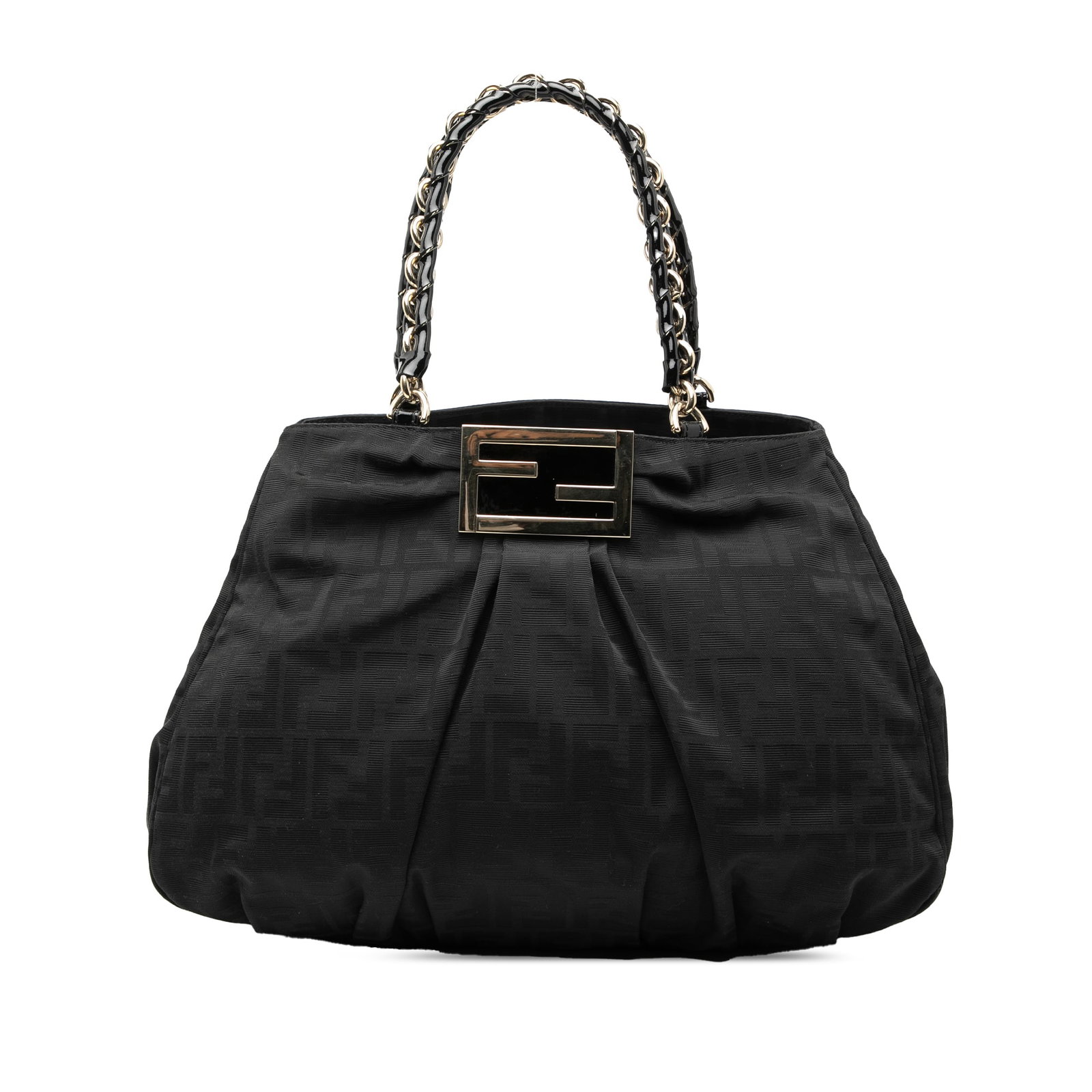 Fendi Mia Tote Bag Large Zucca Canvas with Resin Chain Strap: Fendi Mia Tote Bag Large Zucca Canvas with Resin Chain Strap The Fendi Large Zucca Canvas Mia Tote features a canvas body with signature Zucca print, rolled leather and resin chain straps, an open top