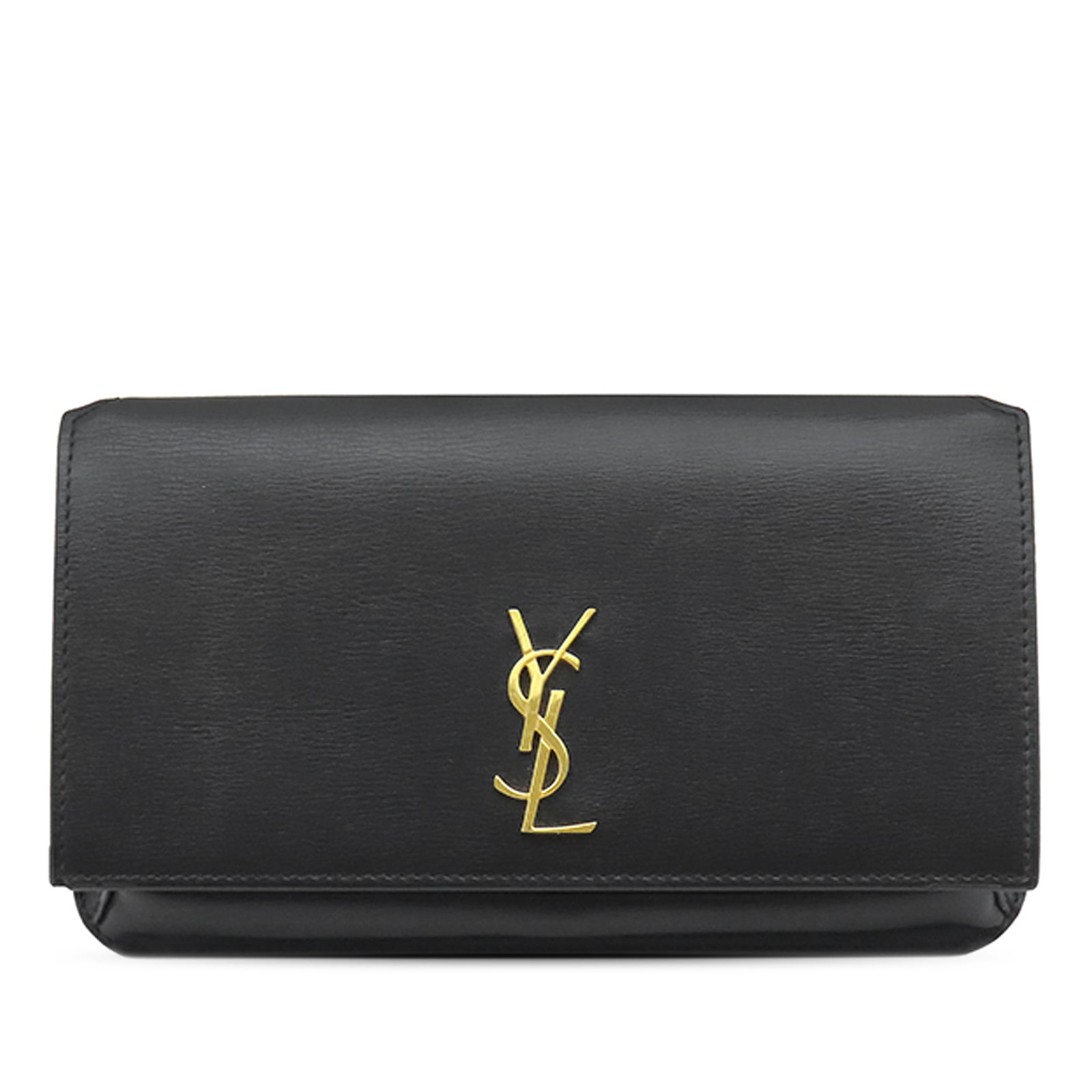 Black Leather Phone Holder Saint Laurent Cassandre Monogram: Black Leather Phone Holder Saint Laurent Cassandre Monogram Saint Laurent Smooth Calfskin Monogram Cassandre Phone Holder in black leather with a chain link and flat leather shoulder strap. The design